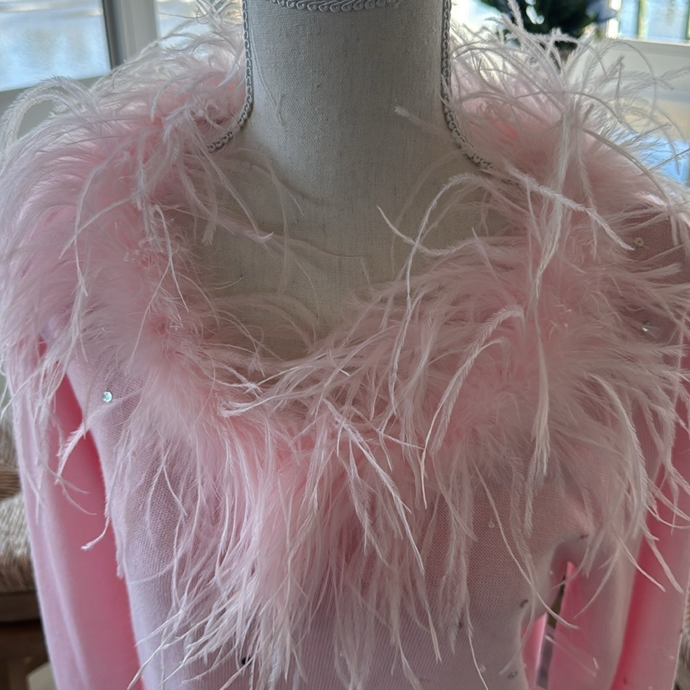 Lightweight pink feather lined v neck sweater with crystal embellishments - Picture 3 of 5